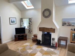 a living room with a fireplace and a tv at Swallow Bach in Llanddyfnan