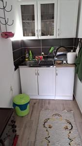 a kitchen with white cabinets and a sink and a rug at Vila Raj in Gornja Toplica