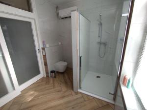 a bathroom with a shower and a toilet in it at Boerderij Buitink in Kotten +37 photos