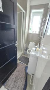 a bathroom with a sink and a toilet and a window at Canary wharf cottage in London