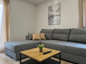 a living room with a couch and a table at Peaceful New Country House with Saltwater Pool in Brgud