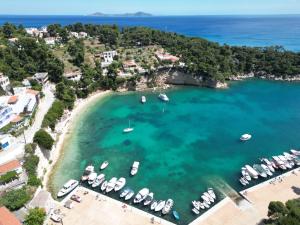 an aerial view of a beach with boats in the water at Magdalini in Votsi