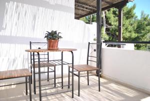 a table and two chairs and a potted plant on a porch at Thalassa Studios in Loutrá Kounoupélli