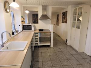 a kitchen with a sink and a microwave on a counter at Lejbølle Gamle Bageri in Tranekær
