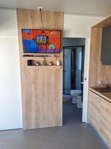 a bathroom with a toilet and a tv on the wall at Mobile home Aron in Privlaka