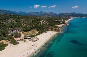 an aerial view of a beach and the ocean at Villa Ermioni Studios in Limenas