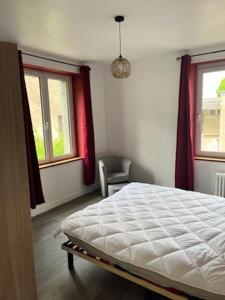 a bedroom with a white bed and two windows at L escale in Givet +1 photo