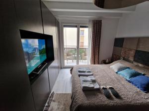 a bedroom with a bed with a flat screen tv at Luxury Room & Private Spa - Rio Botteniga in Treviso