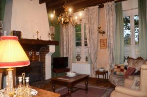 a living room with a couch and a fireplace at Hof ter Wallen in Zoutleeuw