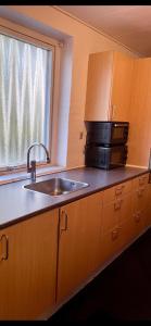 a kitchen with a sink and a microwave and a window at Skorstensfejerens Bed & Breakfast in Bogense +8 photos