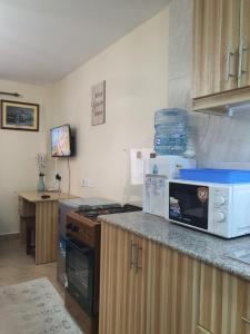 a kitchen with a stove and a microwave at Regional Homes Ke 1004 in Nairobi +3 photos