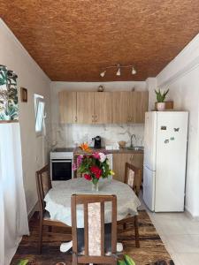 a kitchen with a table and a white refrigerator at ALISA Sea View Apartment Prcanj in Kotor +5 photos