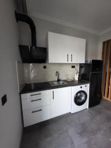 uma cozinha com pia e máquina de lavar em The cosy nest em Asprovalta mais 10 fotografias