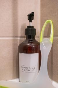 a bottle of soap next to a moisturizing brush at Le Nid Terracotta Charme et Sérénité à Saint-Brieuc in Saint-Brieuc