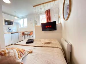 a bedroom with a bed with a tv on the wall at Le Nid Terracotta Charme et Sérénité à Saint-Brieuc in Saint-Brieuc