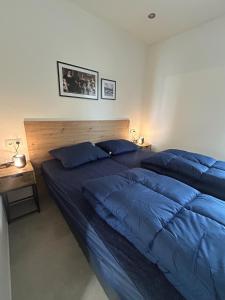 エンクホイゼンにあるEnkhuizer Strand BeachHouse Strandgut mit Zaun Nr 400のベッドルーム1室(青い枕のベッド2台付) +14枚の写真