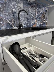 a drawer in a kitchen with a sink at Rei Apartments in Shëngjin