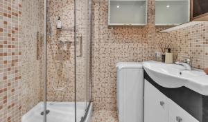 un baño con ducha y lavabo en Vilnius Old Town Amber Penthouse, en Vilna 24 fotos más