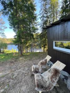 two sheep sitting on a bench next to a building at idyllisk hytte ved vannet in Skien