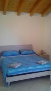 ペスキエーラ・デル・ガルダにあるGiulietta e Romeoのベッドルーム1室(青いシーツと木製の天井が備わるベッド1台付)