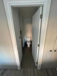 a hallway leading to a bathroom with a toilet at Departamento cerca Movistar Arena in Santiago