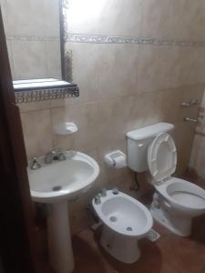 Un baño con un inodoro blanco y un lavabo. en Departamento Monoambiente, en La Rioja