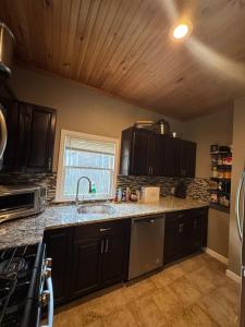 a kitchen with black cabinets and a sink and a window at Cozy Modern 2BR Near Grays Beach in Kingston