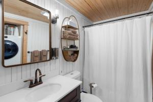 a bathroom with a sink and a shower curtain at Cozy Cottages Red Cottage Hot tubTown in Saugatuck +13 photos