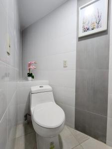 ein Badezimmer mit Toilette und einem Bild an der Wand in der Unterkunft A - Céntrico Apartamento Privado - Alegría Housing in Aguascalientes