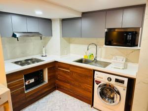 曼谷Spacious 1,2 & 3 Bedroom Serviced Apartments OMNI - Nana BTS的配有洗衣机和水槽的厨房