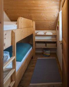 Zimmer mit Etagenbett und 2 Etagenbetten in einer Hütte in der Unterkunft Das Heinz in Puchen