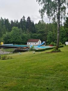 un parc avec une aire de jeux, une piscine et un bâtiment dans l'établissement Ferienhaus Willi, à Elend