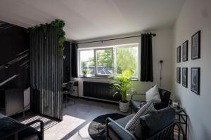 Una sala de estar con un sofá y una ventana. en Black & White Apartment - Balkon, Netflix, Nespresso, Zentral, Messe, en Chemnitz