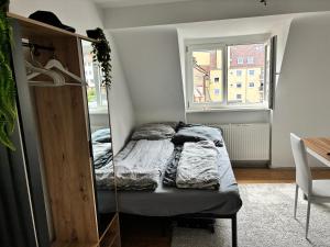 a bedroom with a bed and a window at Holidays loft, Private Rooms in a Friendly shared apartment in Nürnberg