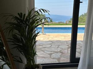 una maceta sentada junto a una puerta corredera de cristal en Berceste Villas, en Akyaka