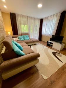 a living room with a couch and a television at Rózsa Apartman Dombori in Fadd-Dombori +12 photos