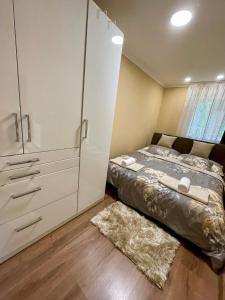 a bedroom with a bed and a large closet at Rózsa Apartman Dombori in Fadd-Dombori