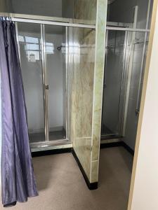 a walkin shower with glass doors in a bathroom at Quiet country setting- R3 Magnolia House in Temuka