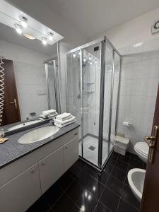 a bathroom with a shower and a sink and a toilet at Aria Life Hotel Pinzolo in Pinzolo