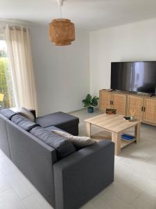 a living room with a couch and a tv at Charmante villa à istres in Istres