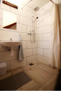 a bathroom with a sink and a shower at Chata Hôrka in Kežmarok