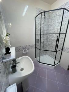 クルジュ・ナポカにあるEnjoy Apartments - Central Nest Under the Skyのガラスのシャワーと洗面台を備えたバスルーム