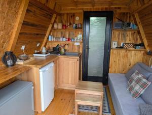 a kitchen and living room in a log cabin at A Pine vikendica u srcu Zapadne Srbije in Nova Varoš