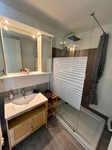 a bathroom with a sink and a shower at Casa Otarie avec piscine et terrasse -Proxi plage, port, gare in Pornic