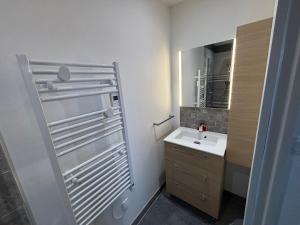 un baño con lavabo y espejo en T2 neuf avec terrasse privative proche gare, en Rochefort 14 fotos más