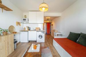 un soggiorno con divano e cucina di Appartement au pied des dunes avec vue a Biscarrosse Altre 13 foto