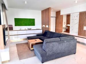 a living room with a blue couch and a table at Luxury beachfront apartment with private pool, Vinjerac in Vinjerac