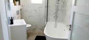 a white bathroom with a shower and a toilet at Chez Jacques in Port-la-Nouvelle