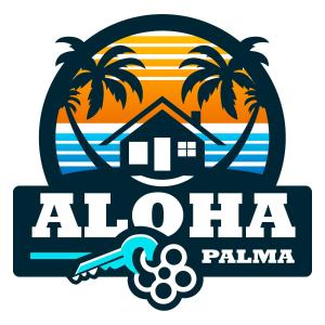 ein Logo für eine hawaiianische Villa mit Palmen in der Unterkunft Duplex de 3 habitaciones en Terreros - By Aloha Palma in San Juan de los Terreros
