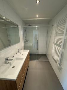 a bathroom with a sink and a shower and a mirror at Enkhuizer Strand BeachHouse Deck Acht mit Zaun Nr 408 in Enkhuizen